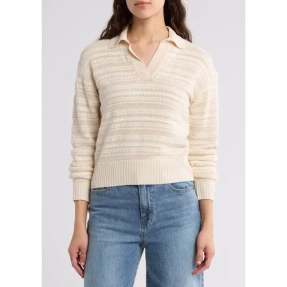 NWT HABITUAL Johnny Collar Cotton Stripe Sweater Ivory Birch XL - Picture 1 of 6